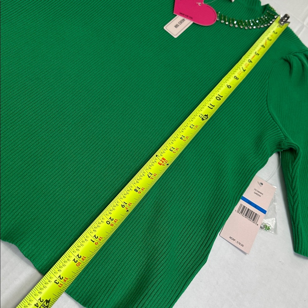 NEW Nanette Lepore Green Ribbed Sweater Rhinestone‎ Collar Top Womens XL - Picture 11 of 12